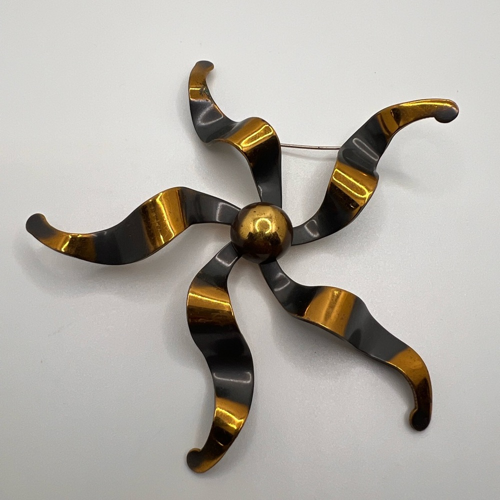 Large Vintage Black and Gold Swirl Brooch MCM Midcentury
